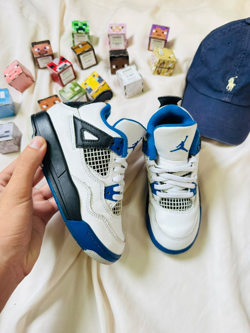 Air Jordan 4 kids sneaker white black blue heel view